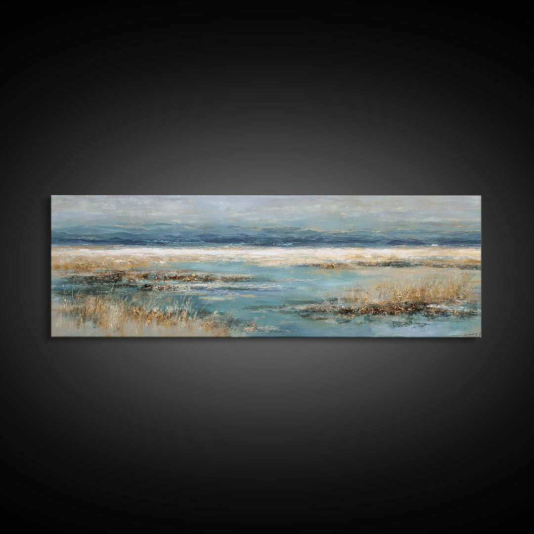 Fjord Landscape with Icy Blue Water Framed Canvas Print, Landscape Art, Digital Print, Living Room Decor, Fine Art, Horizon, LAN-3x1-79
