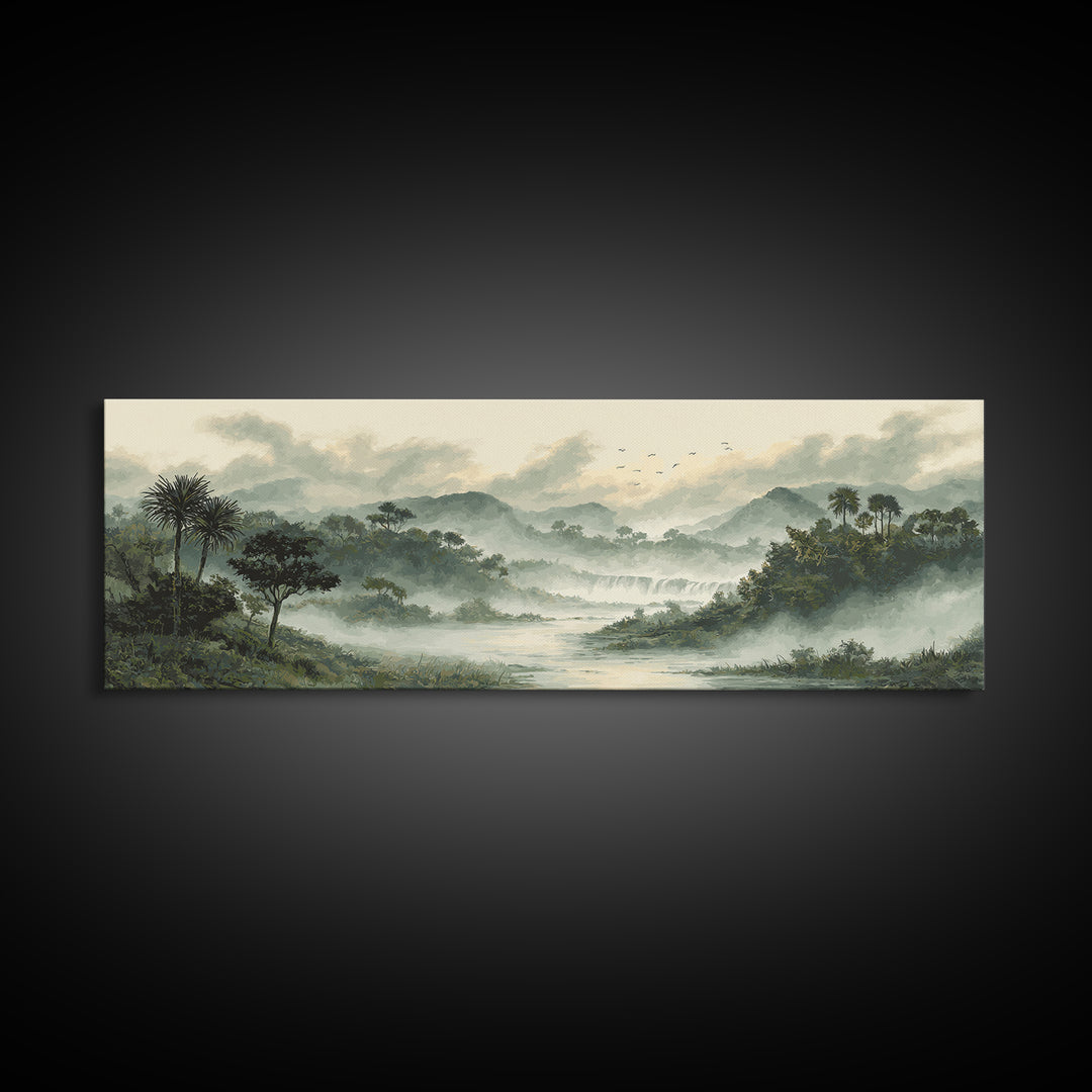 Tropical Jungle Waterfall Canvas Print, Landscape Art, Digital Prints, Living Room Decor, Fine Art, Horizon, Farmhouse Decor, LAN-3x1-80