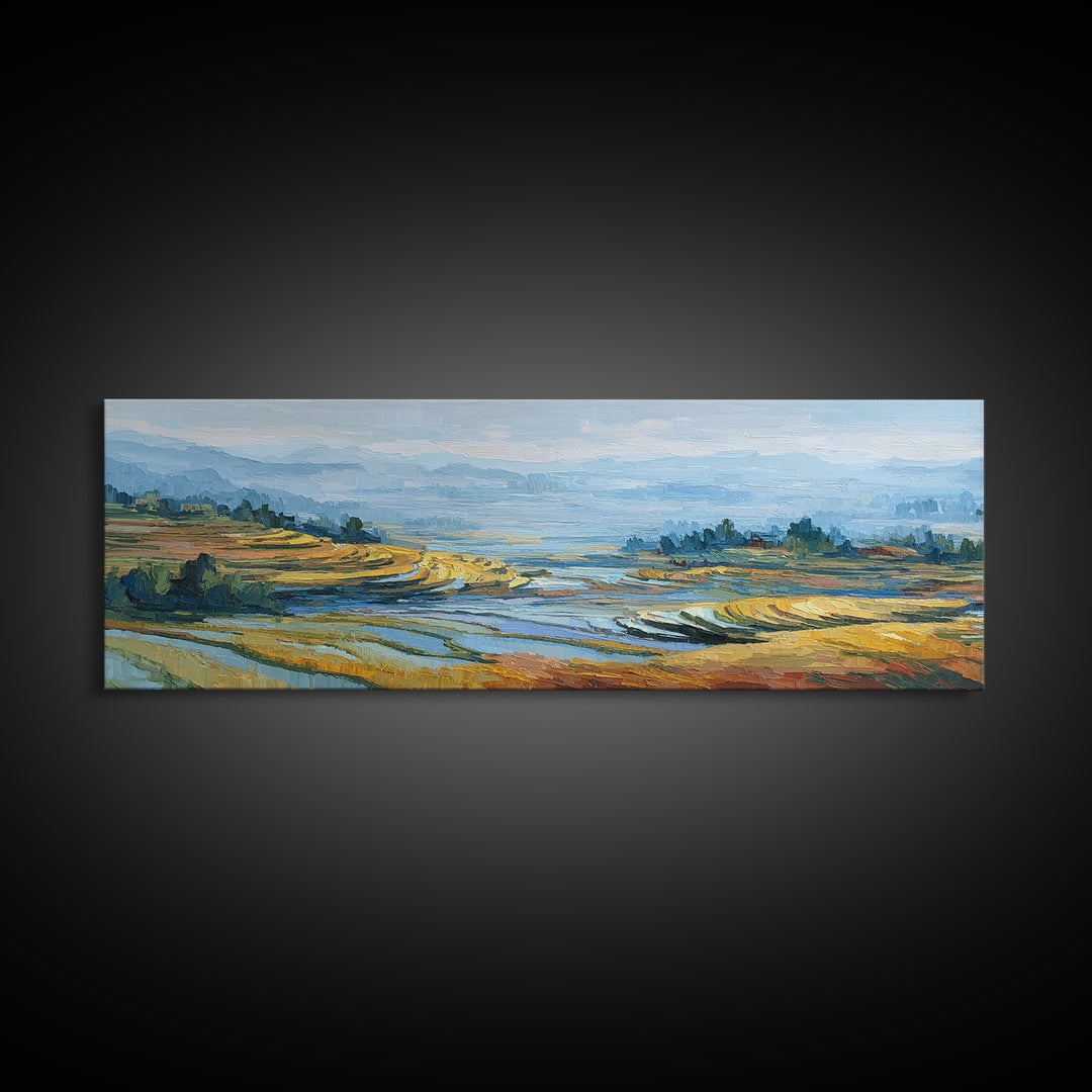 Rice Terraces Glowing Framed Canvas Print, Landscape Art, Living Room Decor, Oil Painting, Horizon, Modern Art, Gallery Decor, LAN-3x1-82