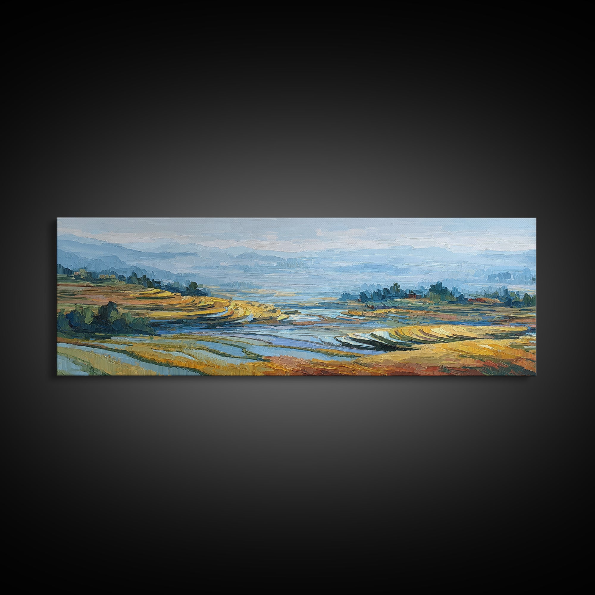 Rice Terraces Glowing Framed Canvas Print, Landscape Art, Living Room Decor, Oil Painting, Horizon, Modern Art, Gallery Decor, LAN-3x1-82