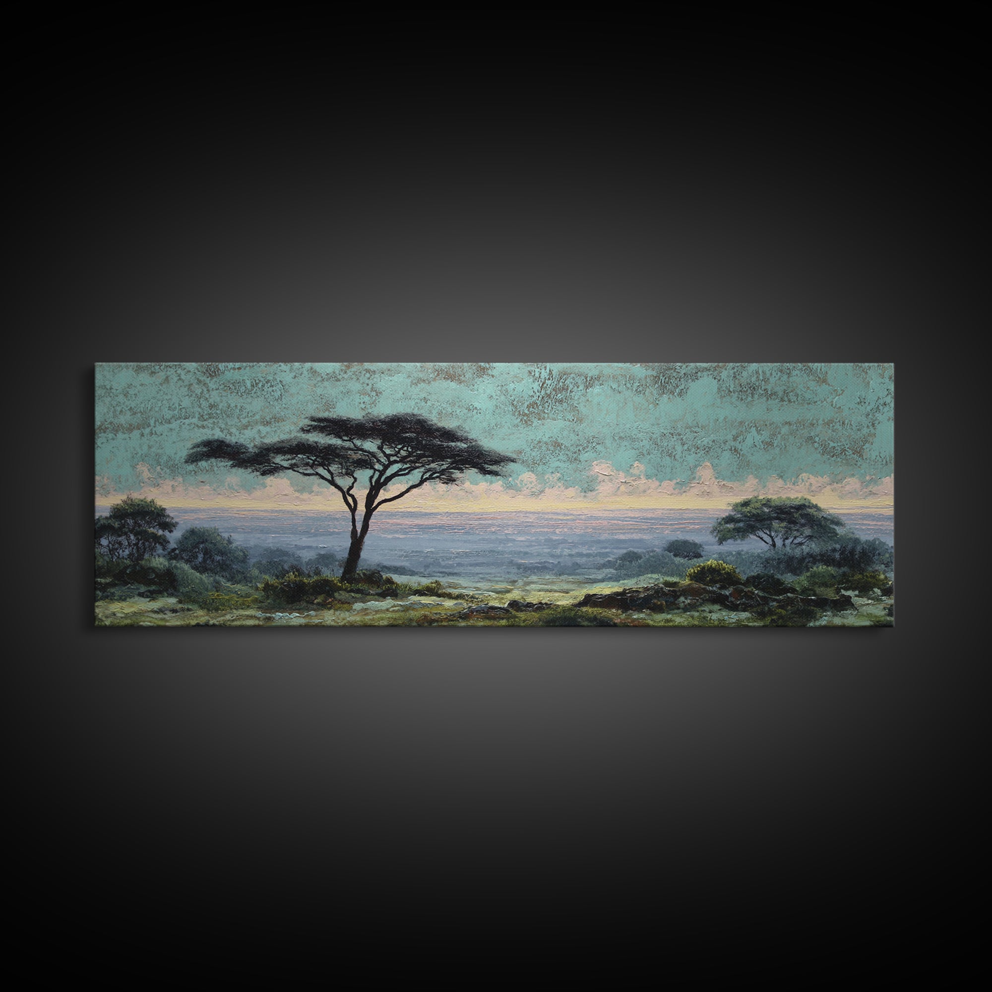 Wide Savanna with Acacia Silhouette Canvas Print, Landscape Art, Digital Wall Art, Living Room Decor, Fine Art, Horizon, LAN-3x1-83