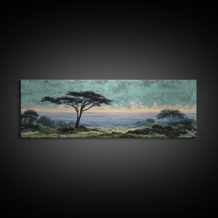 Wide Savanna with Acacia Silhouette Canvas Print, Landscape Art, Digital Wall Art, Living Room Decor, Fine Art, Horizon, LAN-3x1-83