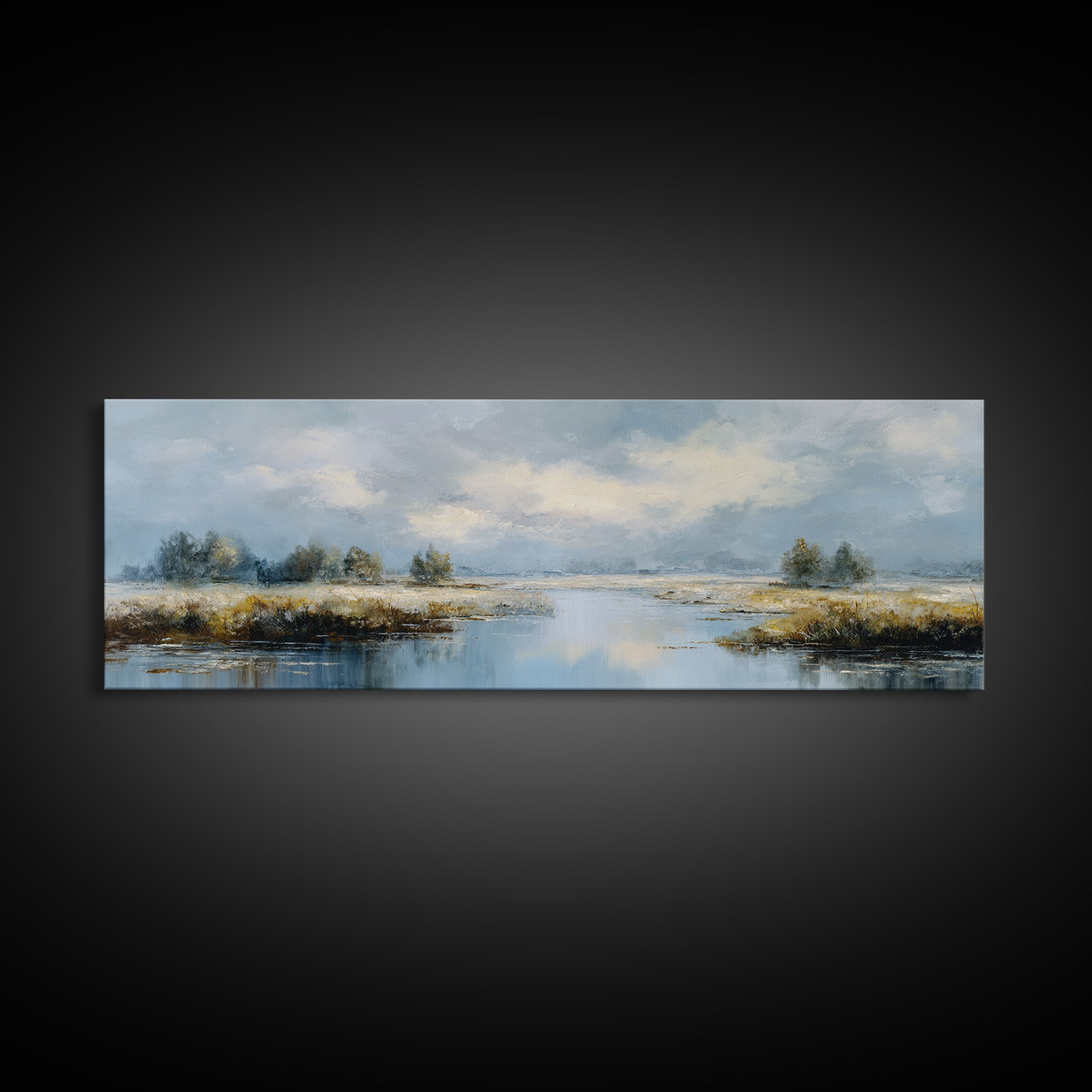 Moonlit River with Silver Reflections Canvas Print, Landscape Art, Floral Wall Art, Living Room Decor, Fine Art, Horizon, LAN-3x1-85