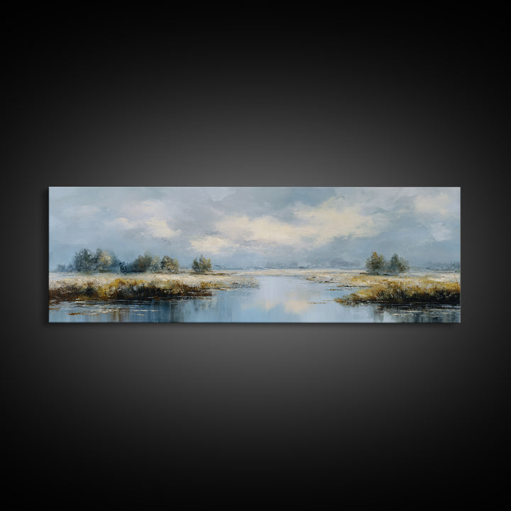 Moonlit River with Silver Reflections Canvas Print, Landscape Art, Floral Wall Art, Living Room Decor, Fine Art, Horizon, LAN-3x1-85