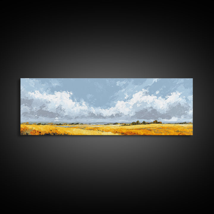 Golden Wheat Field Beneath Huge Clouds Canvas Print, Landscape Art, Wall Art, Living Room Decor, Horizon, Framed Wall Art, LAN-3x1-88