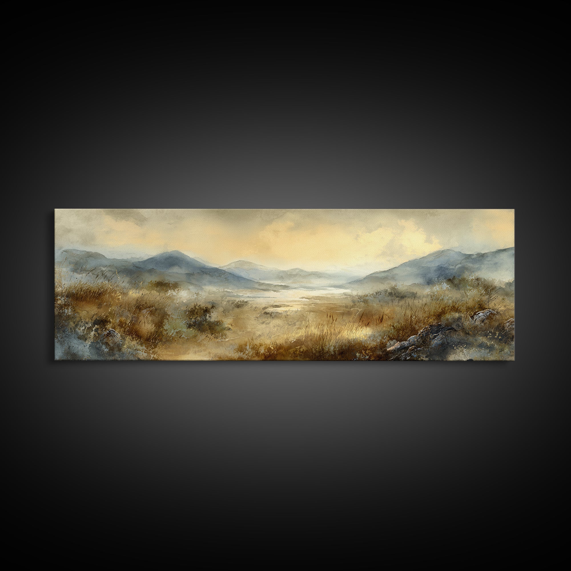 Misty Mountain Valley at Sunrise Framed Canvas Print, Landscape Art, Boho Decor, Living Room Decor, Fine Art, Horizon, LAN-3x1-89