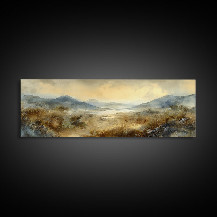 Misty Mountain Valley at Sunrise Framed Canvas Print, Landscape Art, Boho Decor, Living Room Decor, Fine Art, Horizon, LAN-3x1-89