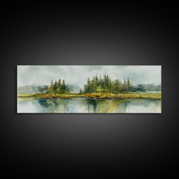 Quiet Lake Reflecting Pine Forest Canvas Print, Landscape Art, Digital Art, Living Room Decor, Fine Art, Horizon, Boho Wall Art, LAN-3x1-92