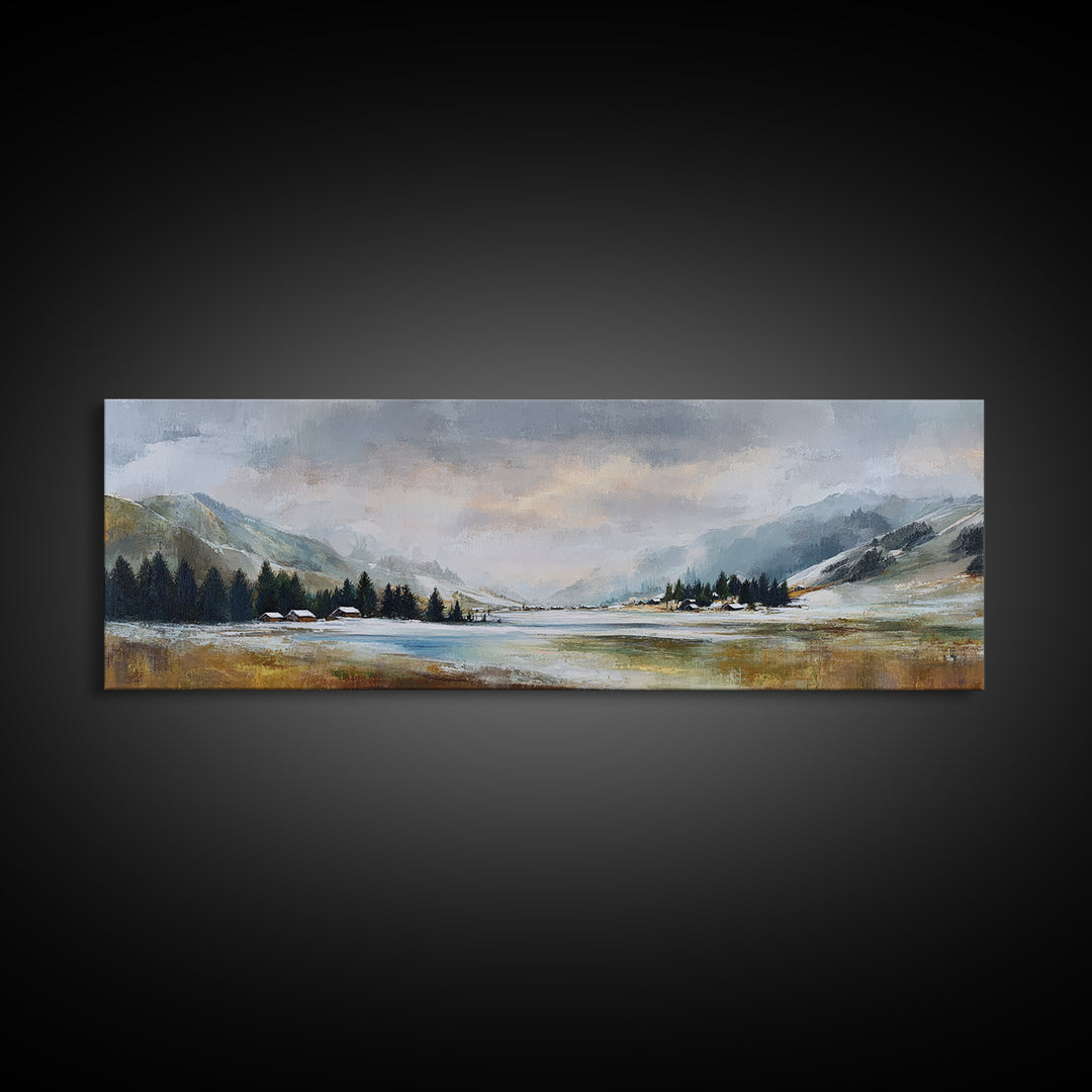 Snow Covered Alpine Village at Dusk Canvas Print, Landscape Art, Digital Art, Living Room Decor, Horizon, Boho Wall Art, LAN-3x1-95