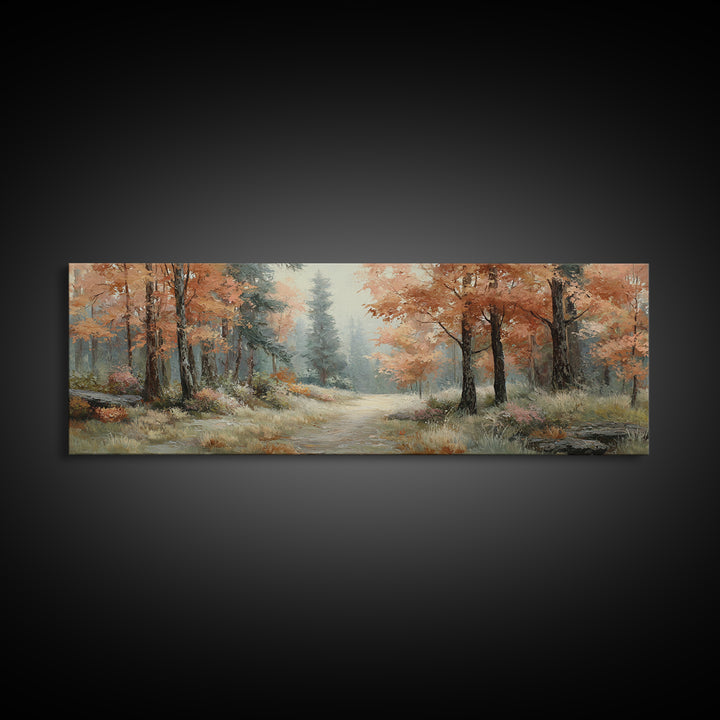 Autumn Forest Path Canvas Print, Landscape Art, Luxury Decor, Living Room Decor, Fine Art, Horizon, Digital Art, LAN-3x1-97