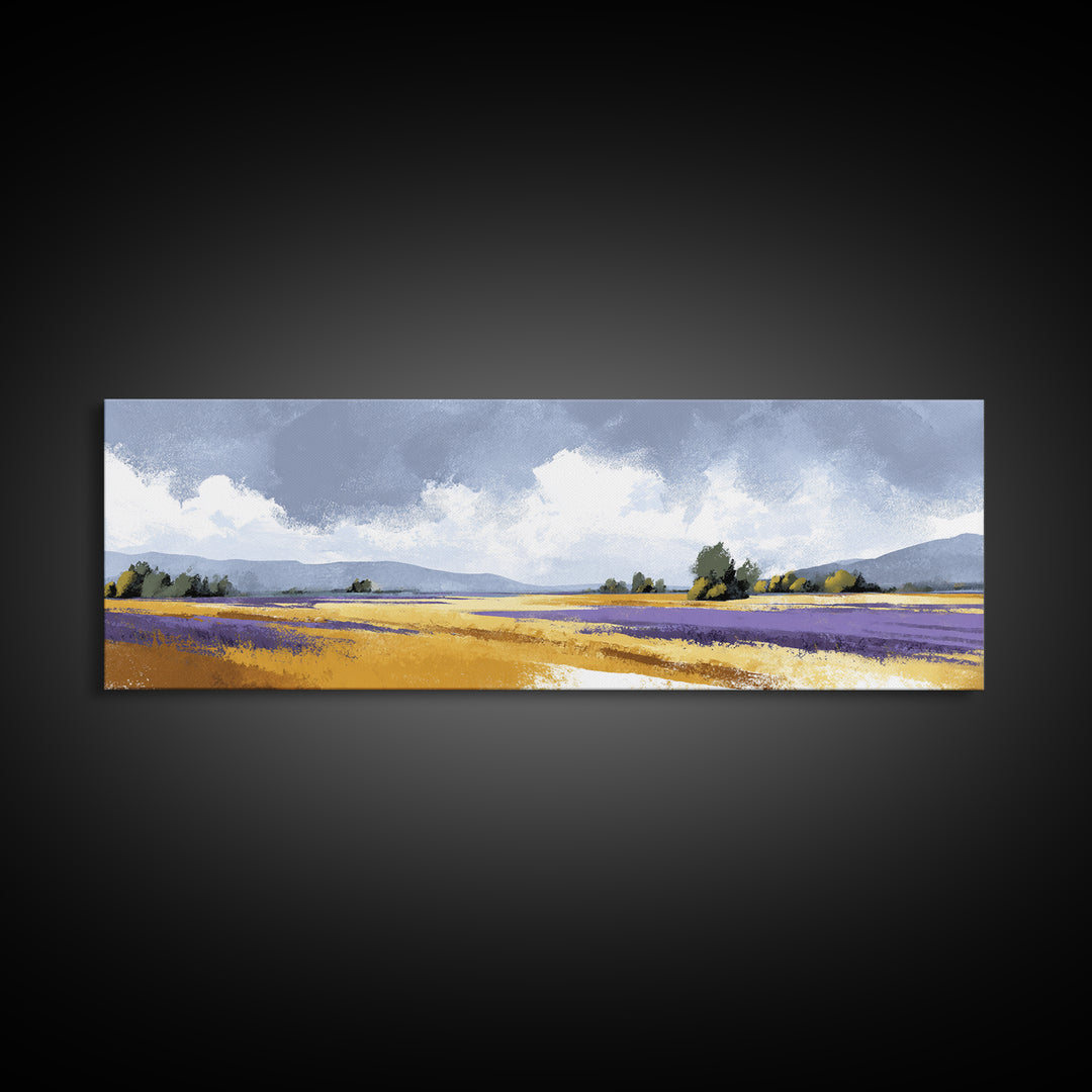 Lavender Field Leading to Distant Hills Canvas Print, Landscape Art, Living Room Wall Art, Living Room Decor, Oil Painting, LAN-3x1-98