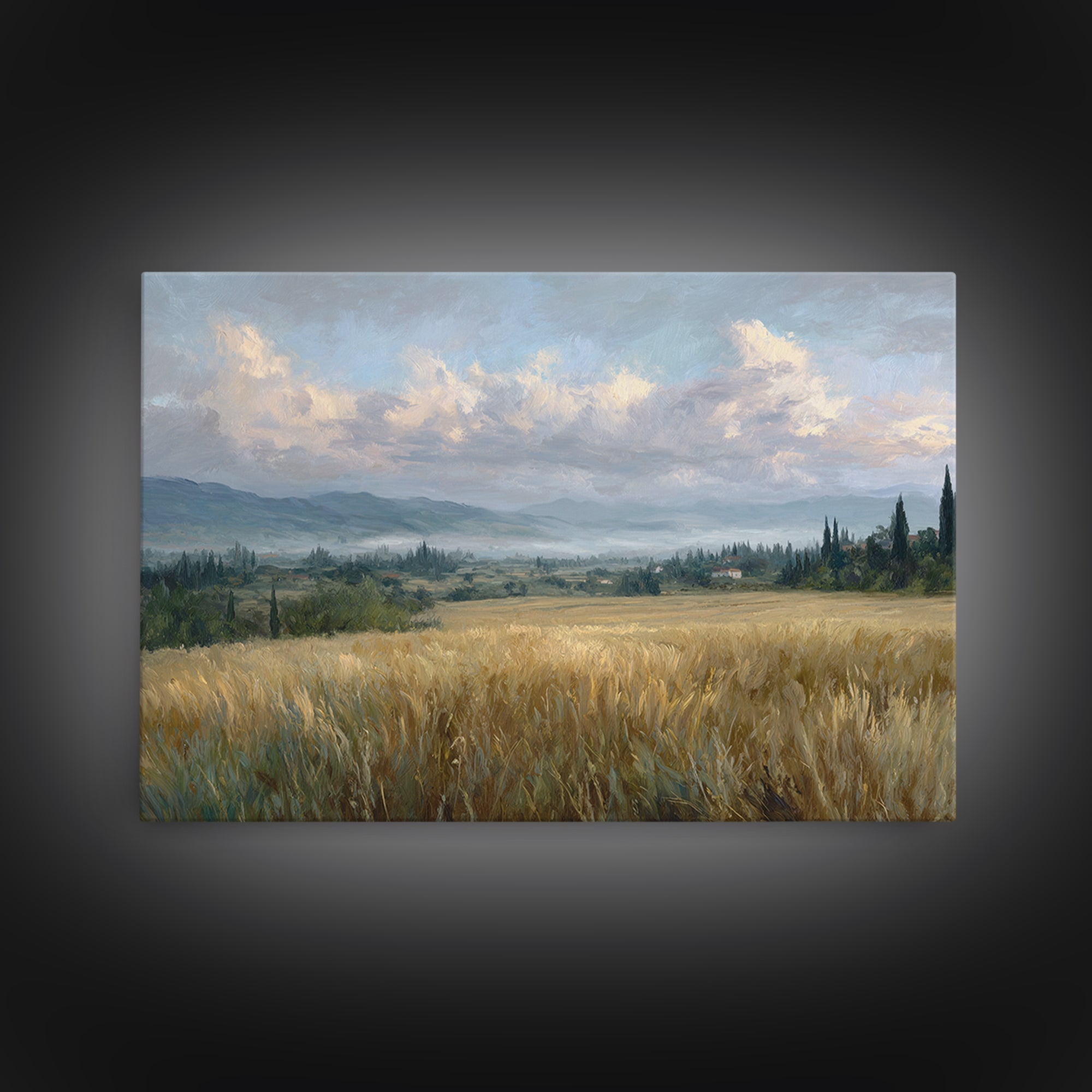 Golden Wheat Field Beneath Huge Clouds Framed Canvas Print, Landscape Art, Wall Art, Living Room Decor, Fine Art, Horizon, LAN-3x2-100