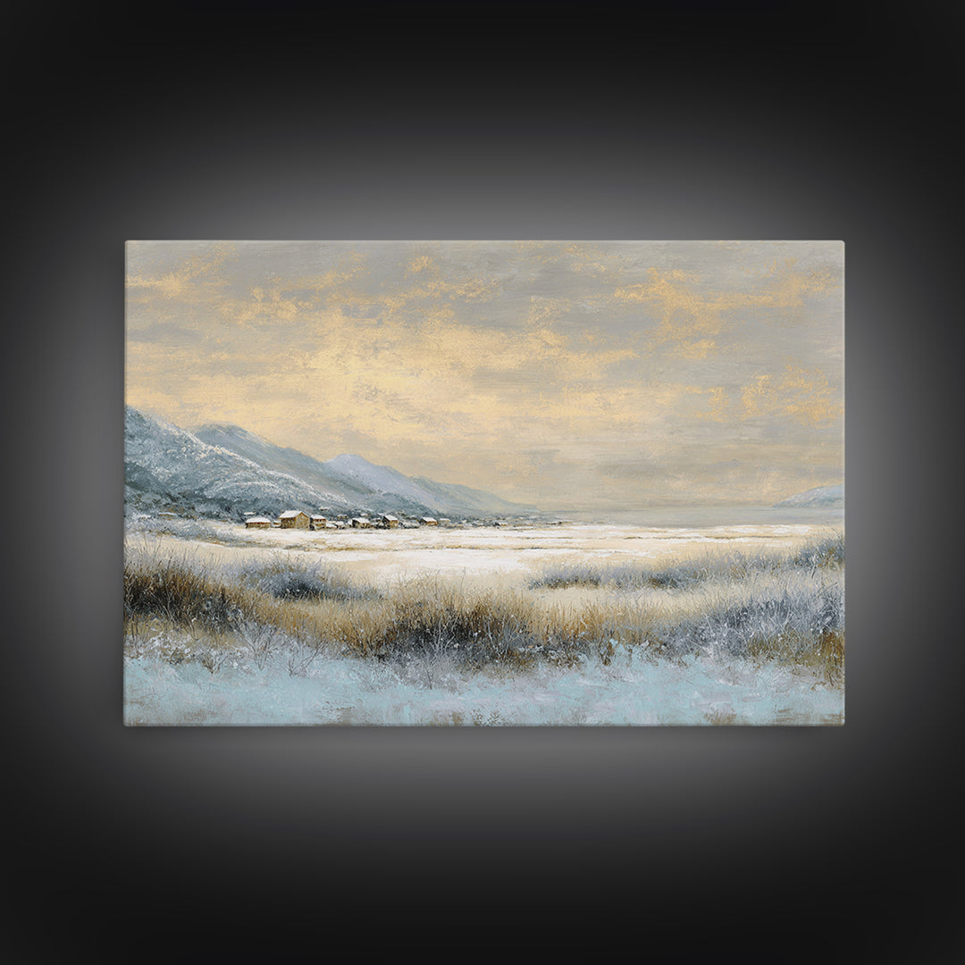 Snow Covered Alpine Village at Dusk Canvas Print, Landscape Art, Modern Decor, Living Room Decor, Fine Art, Horizon, Wall Decor, LAN-3x2-11