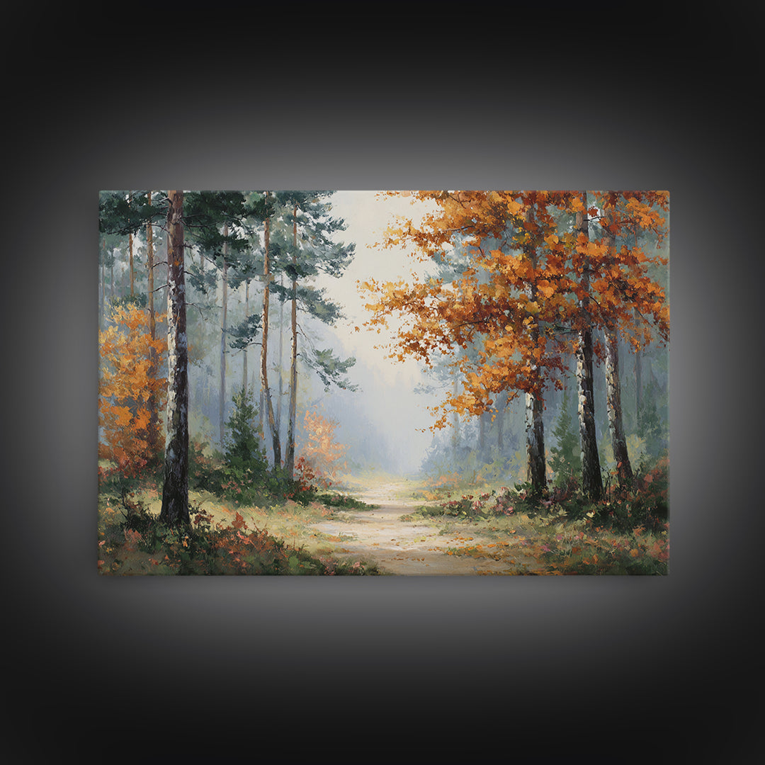Autumn Forest Path Framed Canvas Print, Landscape Art, Wall Art Print, Living Room Decor, Fine Art, Horizon, Boho Decor, LAN-3x2-13