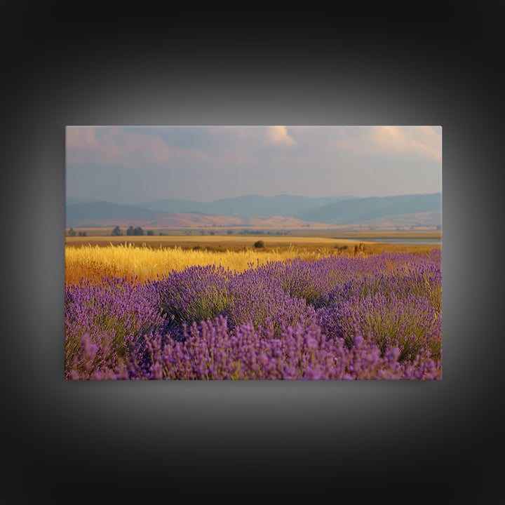 Lavender Field Leading to Distant Hills Framed Canvas Print, Landscape Art, Framed Wall Art, Living Room Decor, Oil Painting, LAN-3x2-14