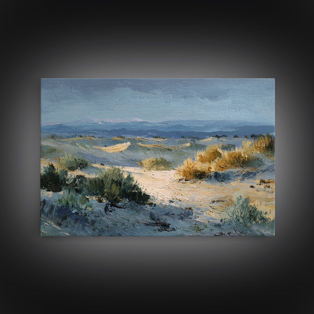 Desert Dunes under Pale Moon Framed Canvas Print, Landscape Art, Boho Wall Art, Living Room Decor, Fine Art, Horizon, LAN-3x2-15