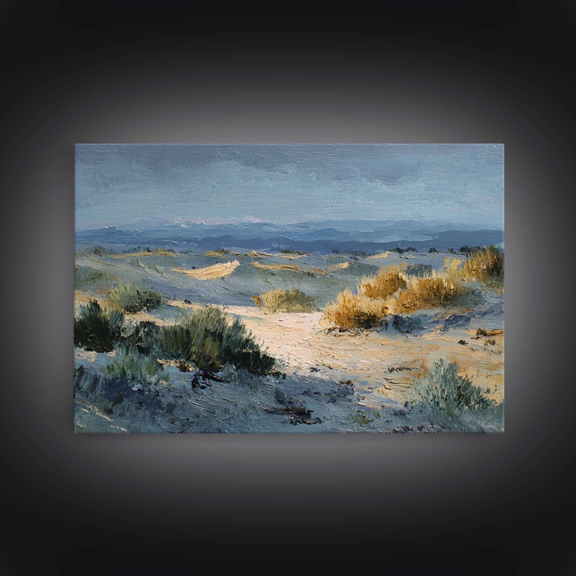 Desert Dunes under Pale Moon Framed Canvas Print, Landscape Art, Boho Wall Art, Living Room Decor, Fine Art, Horizon, LAN-3x2-15