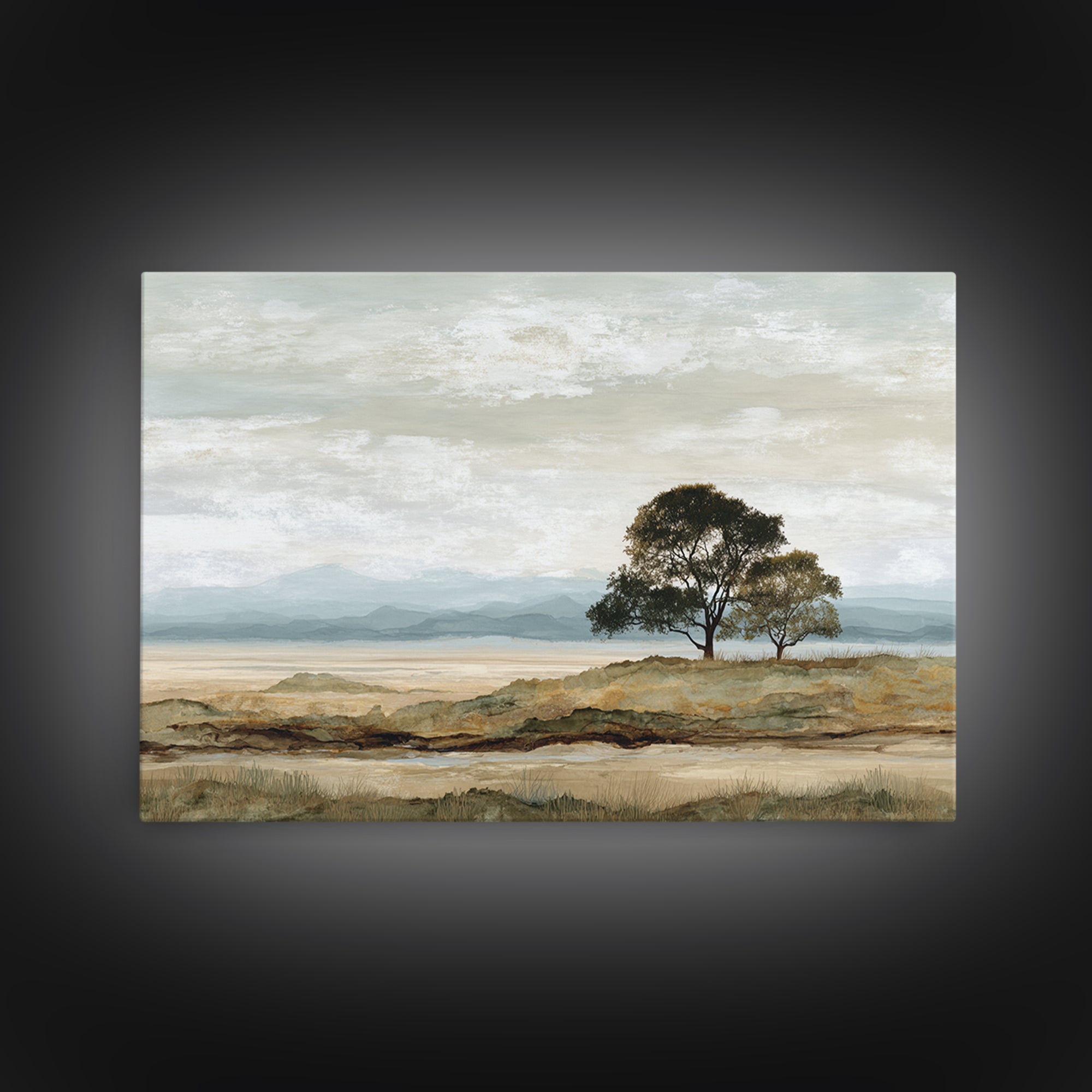 Wide Savanna with Acacia Silhouette Framed Canvas Print, Landscape Art, Living Room Wall Art, Living Room Decor, Oil Painting, LAN-3x2-23