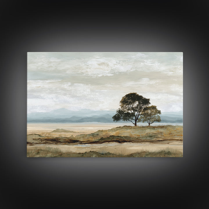 Wide Savanna with Acacia Silhouette Framed Canvas Print, Landscape Art, Living Room Wall Art, Living Room Decor, Oil Painting, LAN-3x2-23
