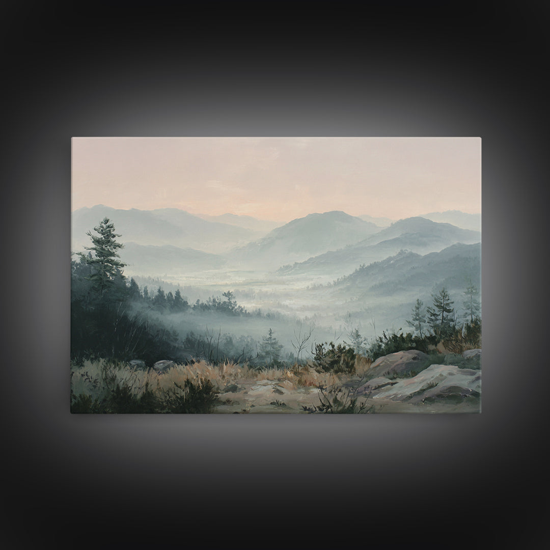 Misty Mountain Valley at Sunrise Canvas Print, Landscape Art, Modern Decor, Living Room Decor, Fine Art, Horizon, Wall Decor, LAN-3x2-29
