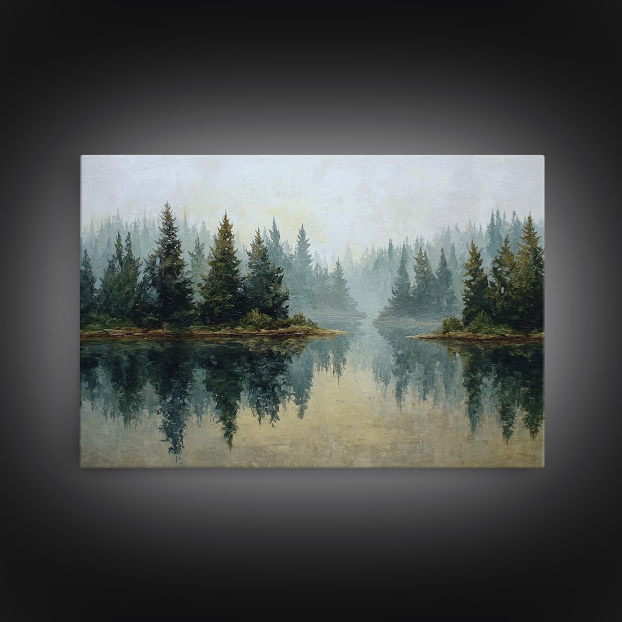Quiet Lake Reflecting Pine Forest Canvas Print, Landscape Art, Living Room Wall Art, Living Room Decor, Oil Painting, Horizon, LAN-3x2-32