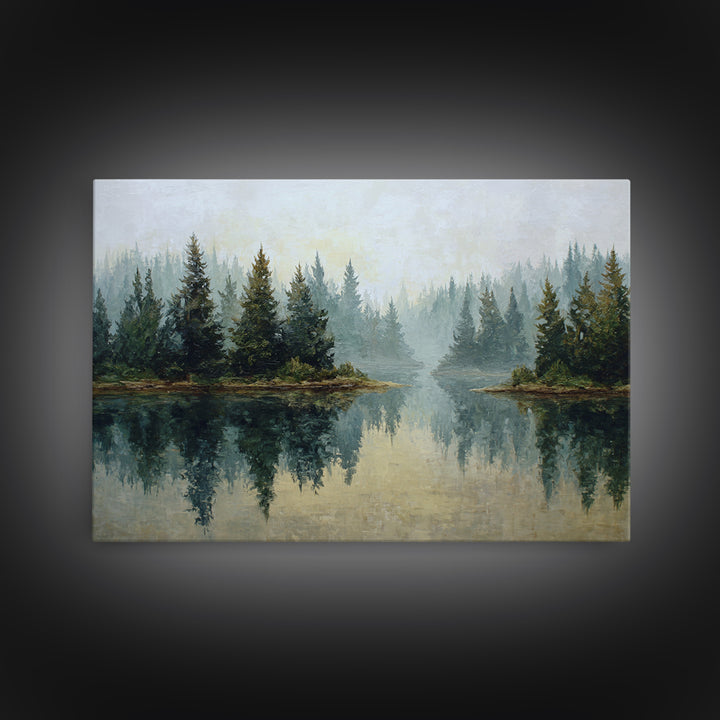 Quiet Lake Reflecting Pine Forest Canvas Print, Landscape Art, Living Room Wall Art, Living Room Decor, Oil Painting, Horizon, LAN-3x2-32