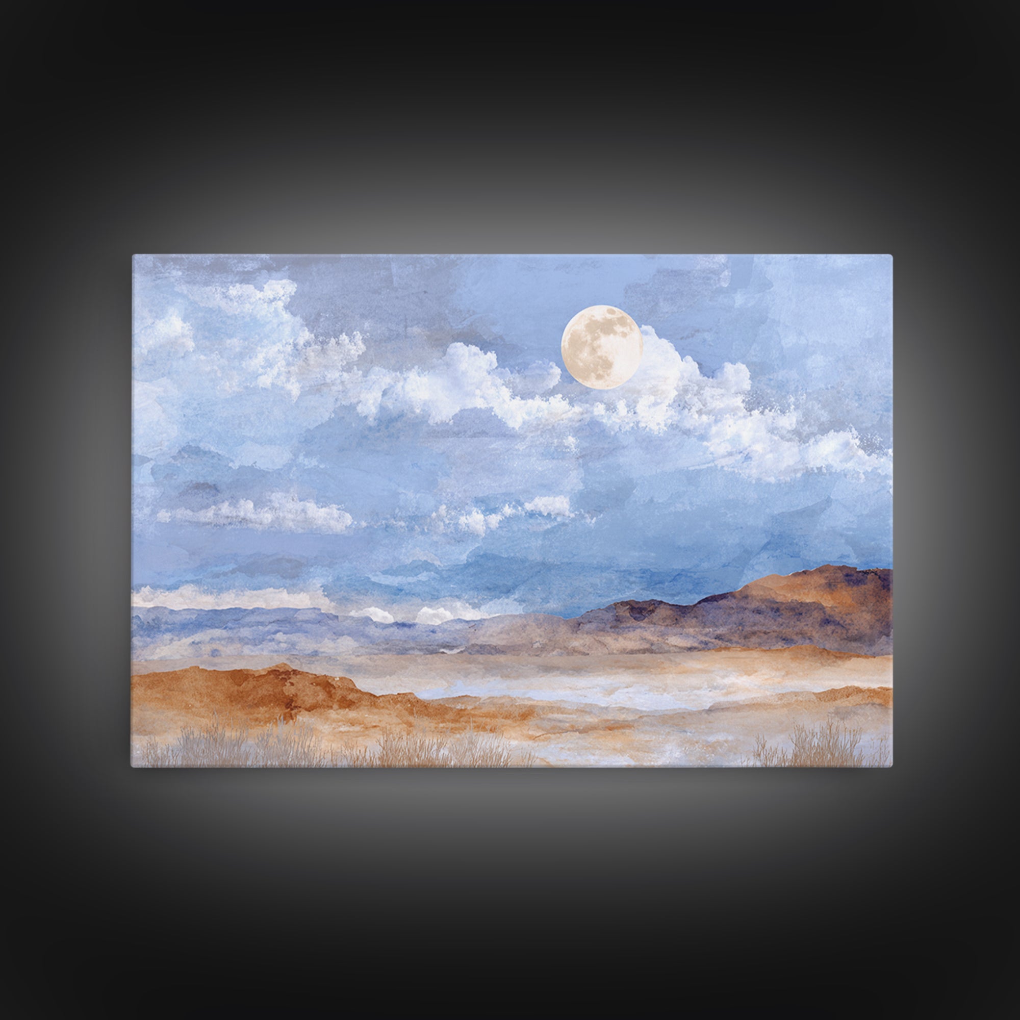 Desert Dunes under Pale Moon Framed Canvas Print, Landscape Art, Contemporary Art, Living Room Decor, Fine Art, Horizon, LAN-3x2-39
