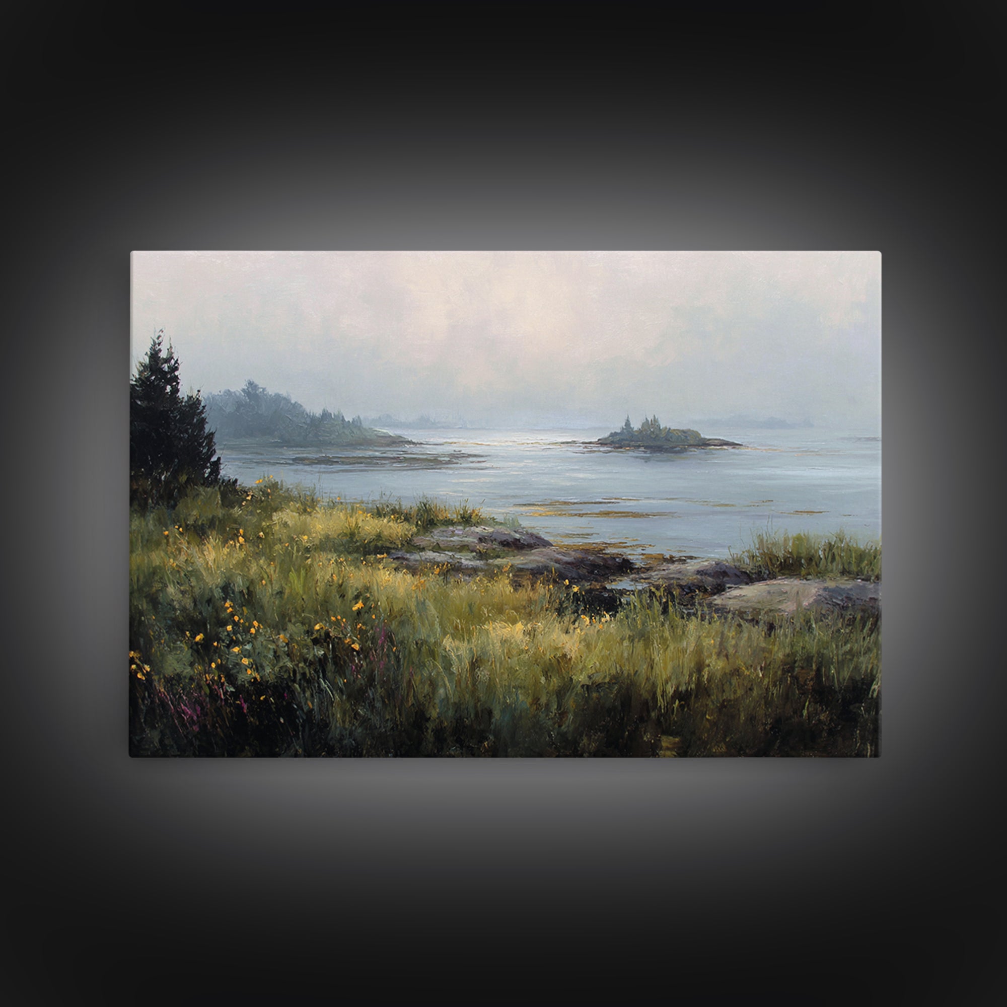Sunlit Meadow with Wildflowers Framed Canvas Print, Landscape Art, Modern Art, Living Room Decor, Fine Art, Horizon, LAN-3x2-41