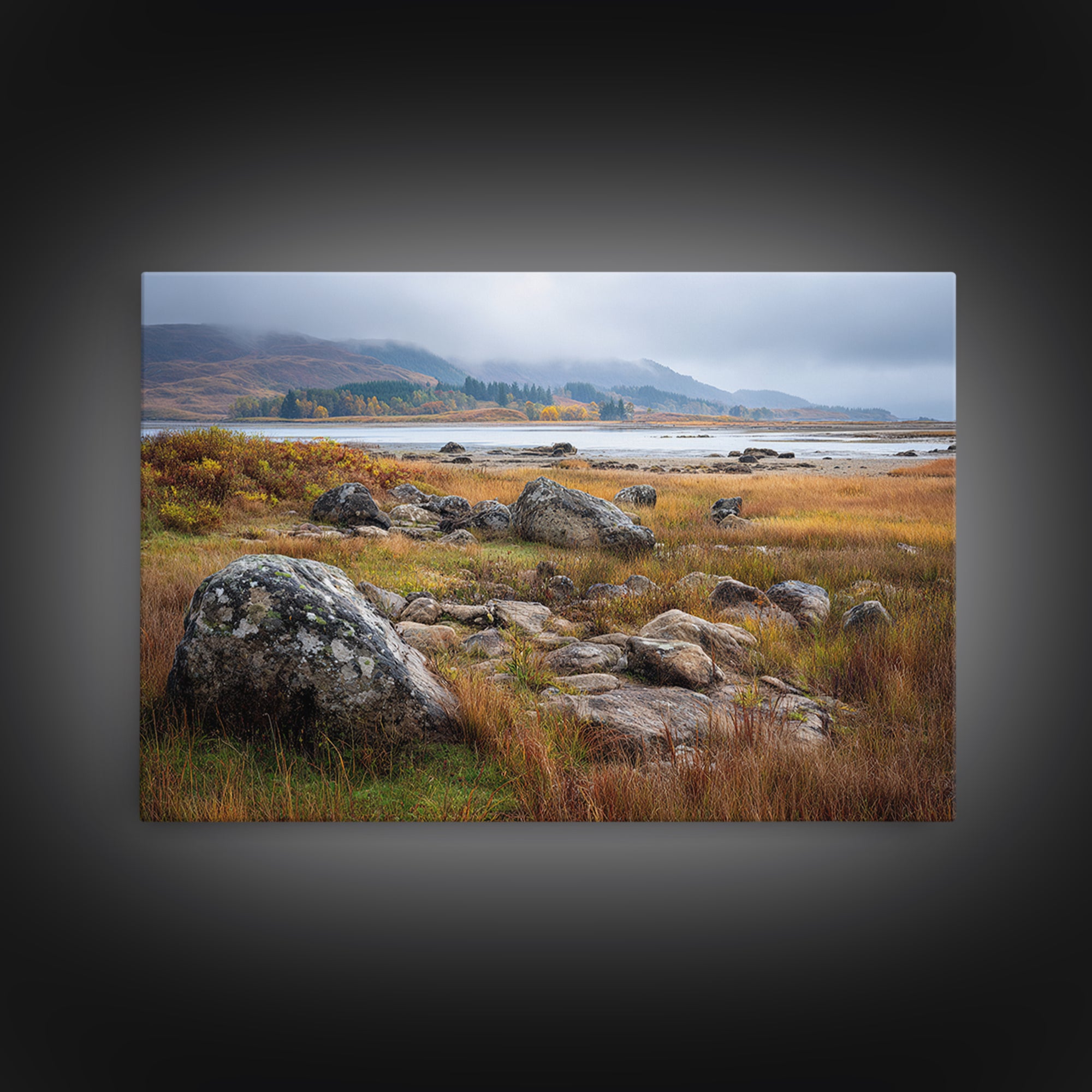 Rocky Scottish Highland Framed Canvas Print, Landscape Art, Gallery Decor, Living Room Decor, Fine Art, Horizon, Wall Art, LAN-3x2-45