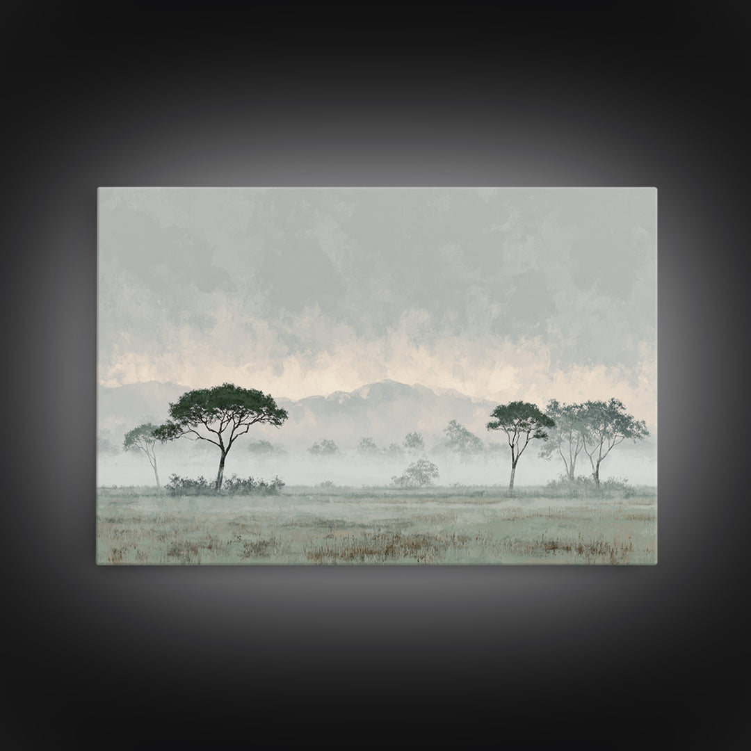 Wide Savanna with Acacia Silhouette Framed Canvas Print, Landscape Art, Digital Art, Living Room Decor, Fine Art, Horizon, LAN-3x2-47