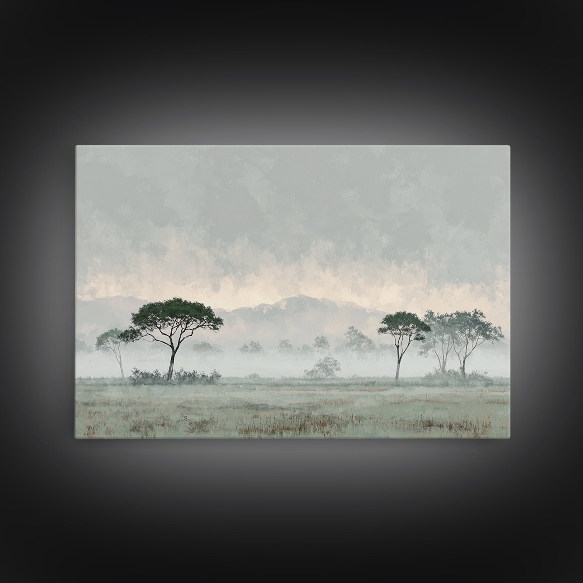 Wide Savanna with Acacia Silhouette Framed Canvas Print, Landscape Art, Digital Art, Living Room Decor, Fine Art, Horizon, LAN-3x2-47