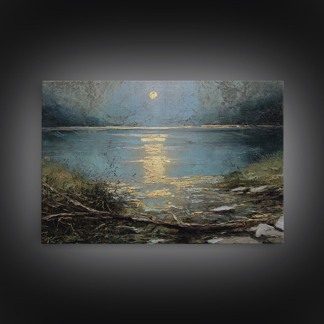 Moonlit River with Silver Reflections Canvas Print, Landscape Art, Neutral Decor, Living Room Decor, Oil Painting, Horizon, LAN-3x2-49