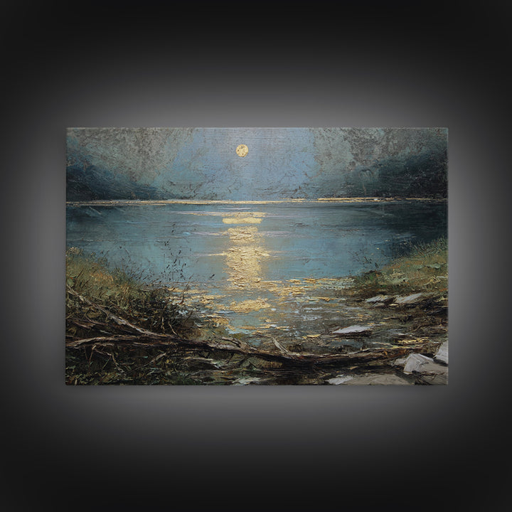 Moonlit River with Silver Reflections Canvas Print, Landscape Art, Neutral Decor, Living Room Decor, Oil Painting, Horizon, LAN-3x2-49
