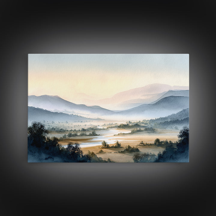 Misty Mountain Valley at Sunrise Framed Canvas Print, Landscape Art, Living Room Wall Art, Living Room Decor, Oil Painting, LAN-3x2-5