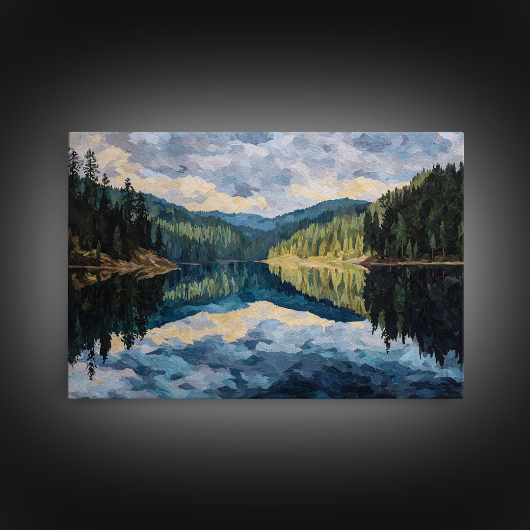 Quiet Lake Reflecting Pine Forest Canvas Print, Landscape Art, Room Decor, Living Room Decor, Fine Art, Horizon, LAN-3x2-56