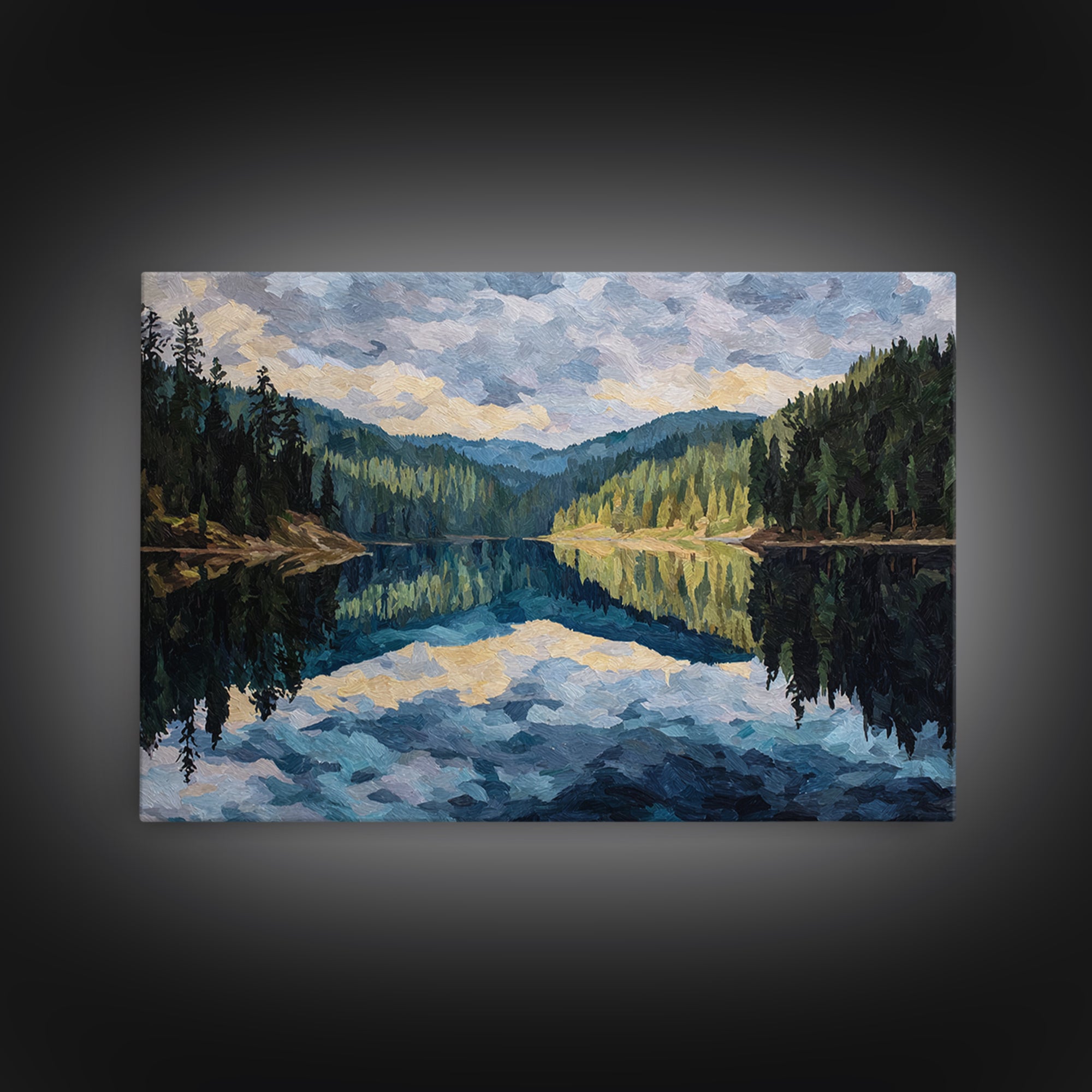 Quiet Lake Reflecting Pine Forest Canvas Print, Landscape Art, Room Decor, Living Room Decor, Fine Art, Horizon, LAN-3x2-56