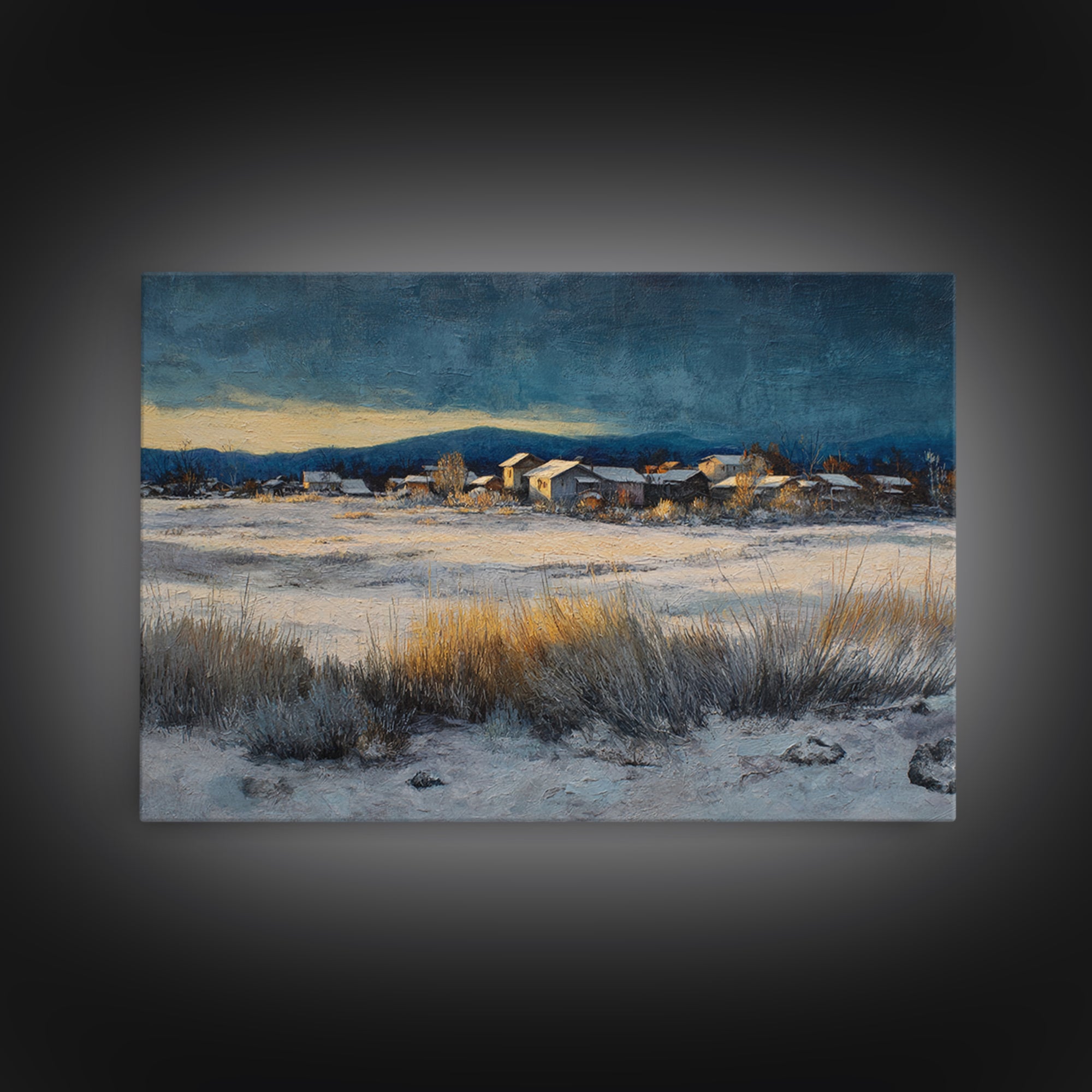 Snow Covered Alpine Village at Dusk Framed Canvas Print, Landscape Art, Digital Art, Living Room Decor, Fine Art, Horizon, LAN-3x2-59