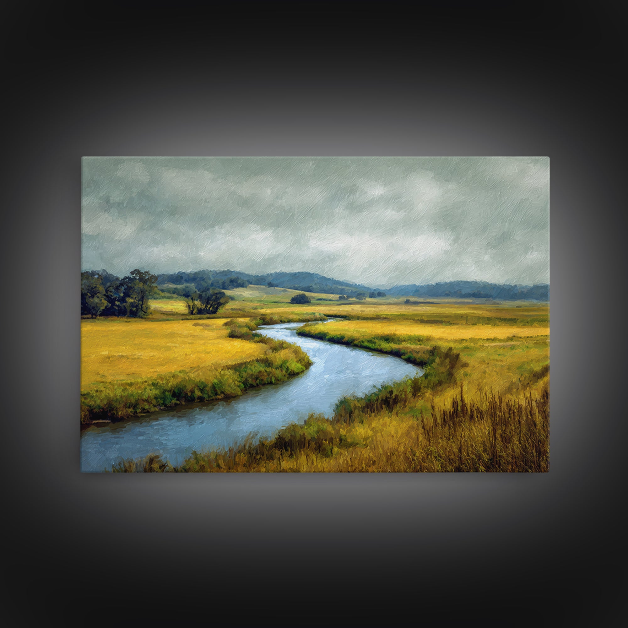 Winding River Through Golden Fields Framed Canvas Print, Landscape Art, Farmhouse Decor, Living Room Decor, Fine Art, Horizon, LAN-3x2-6