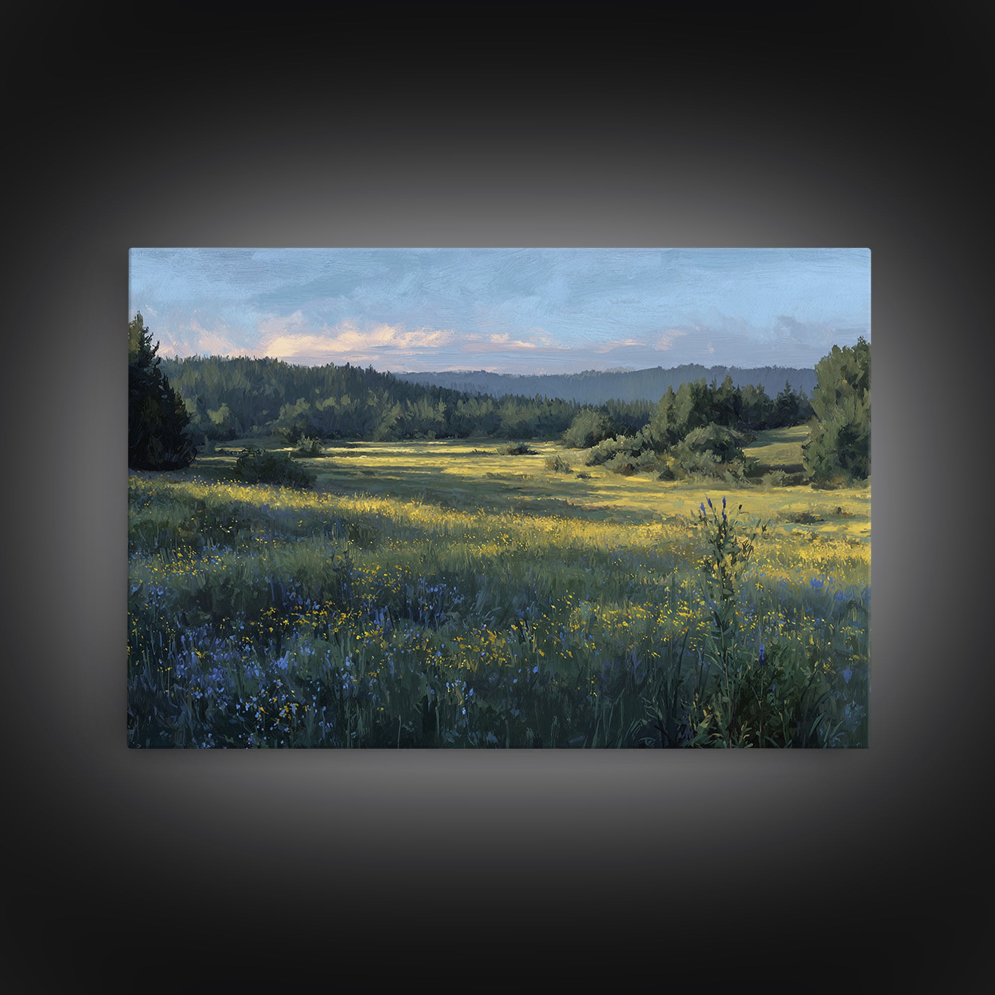 Sunlit Meadow with Wildflowers Framed Canvas Print, Landscape Art, Modern Art, Living Room Decor, Fine Art, Horizon, LAN-3x2-65