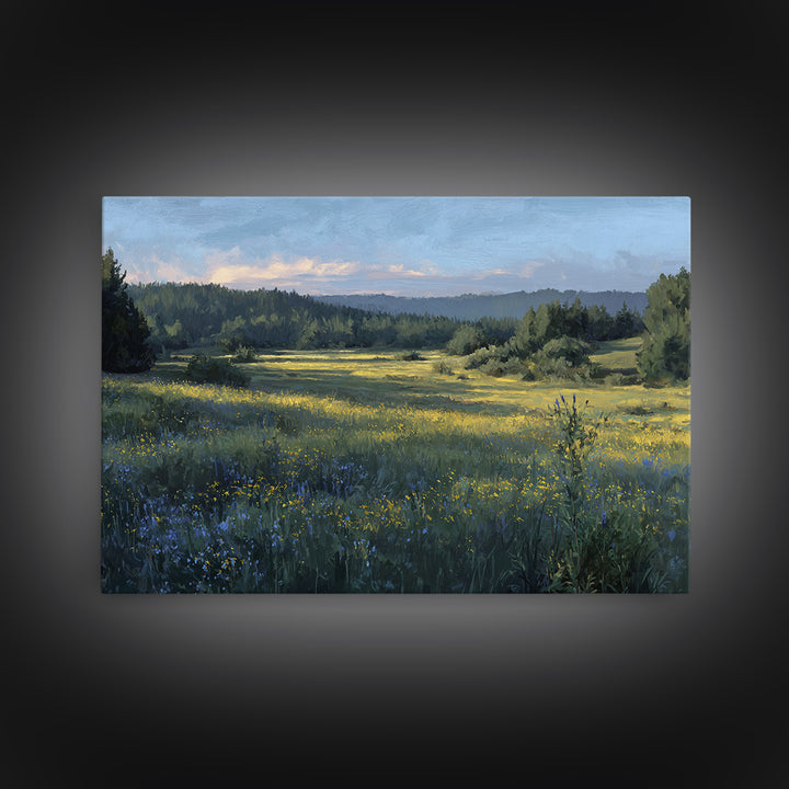 Sunlit Meadow with Wildflowers Framed Canvas Print, Landscape Art, Modern Art, Living Room Decor, Fine Art, Horizon, LAN-3x2-65
