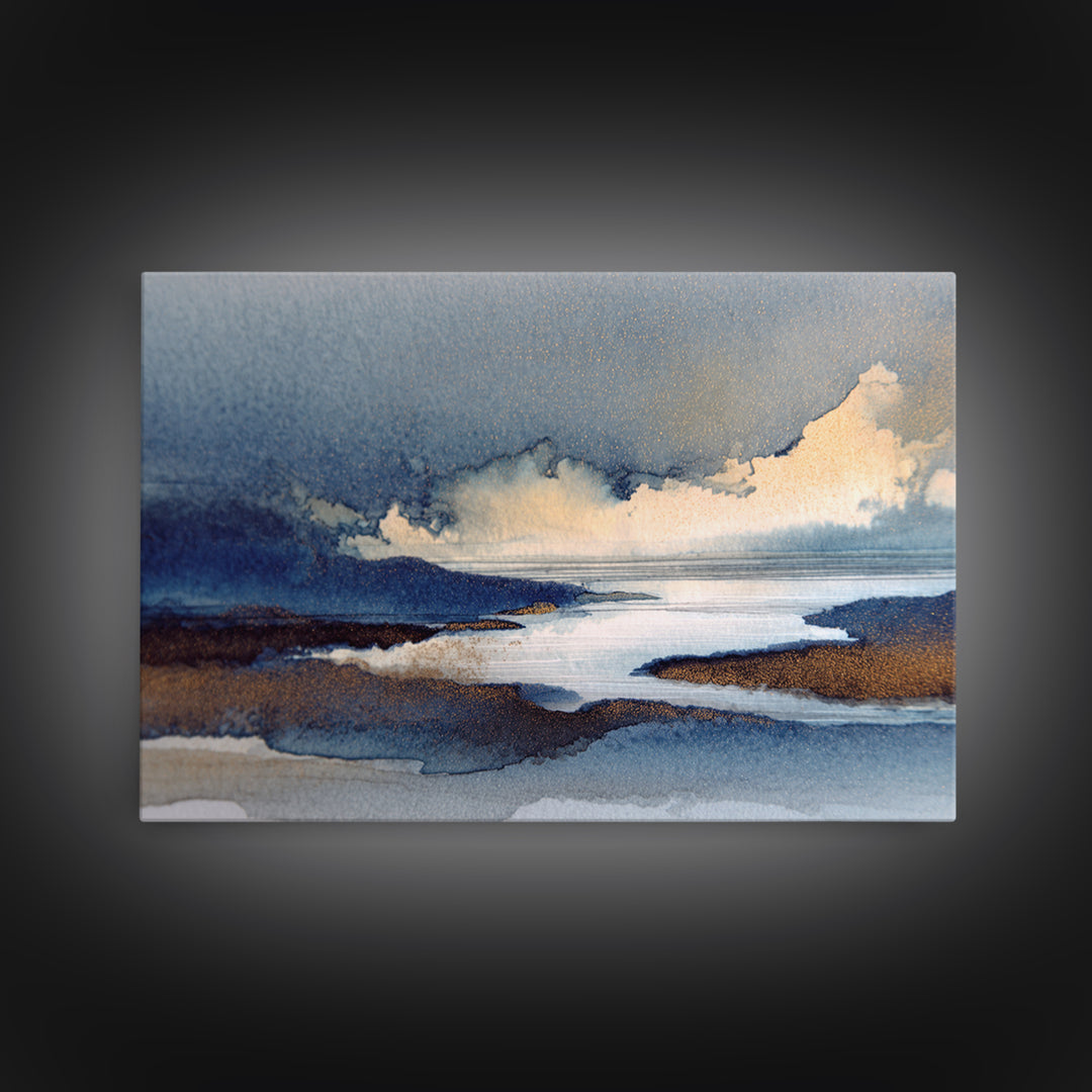 Moonlit River with Silver Reflections Canvas Print, Landscape Art, Neutral Decor, Living Room Decor, Oil Painting, Horizon, LAN-3x2-73