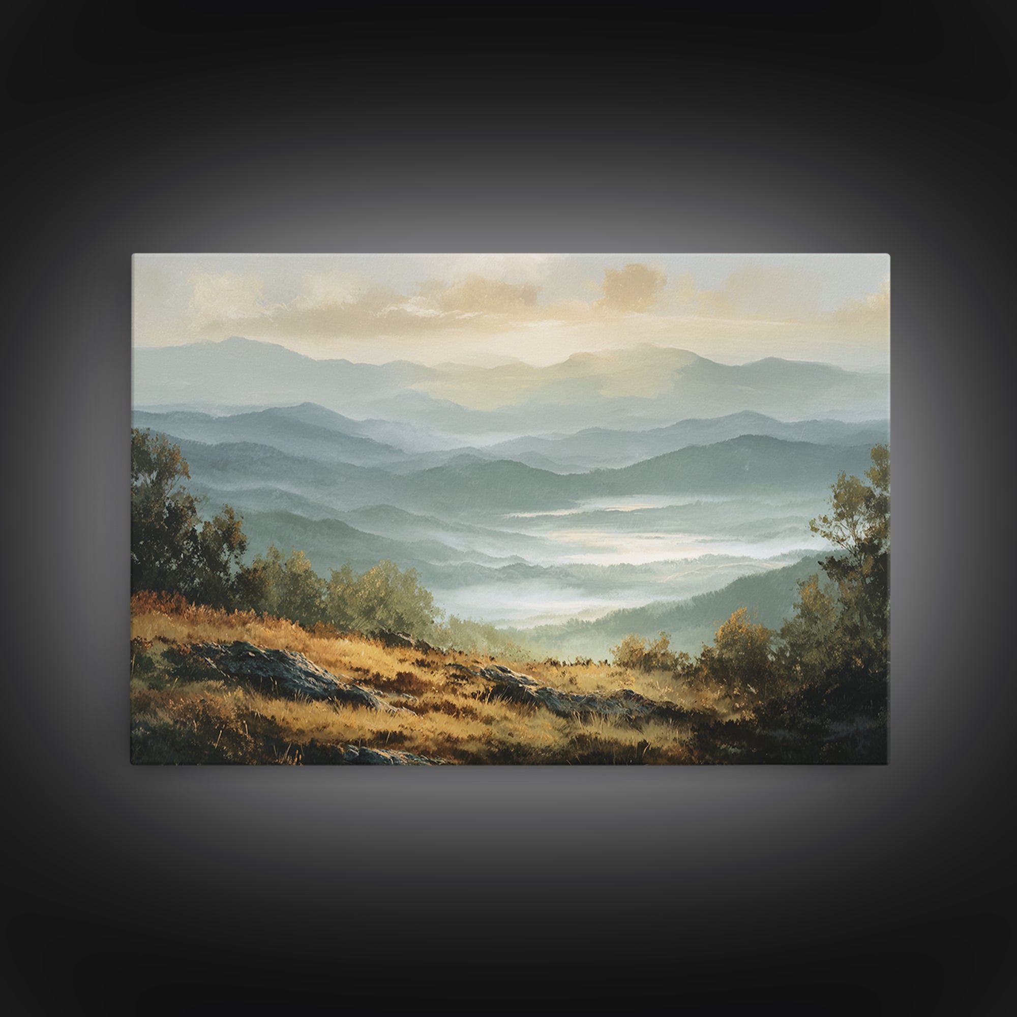 Misty Mountain Valley at Sunrise Framed Canvas Print, Landscape Art, Room Decor, Living Room Decor, Fine Art, Horizon, LAN-3x2-77