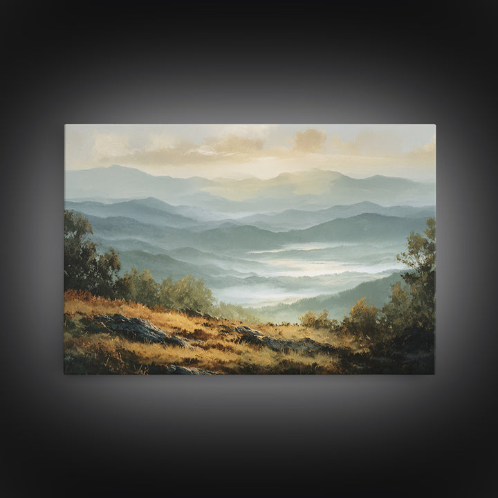 Misty Mountain Valley at Sunrise Framed Canvas Print, Landscape Art, Room Decor, Living Room Decor, Fine Art, Horizon, LAN-3x2-77