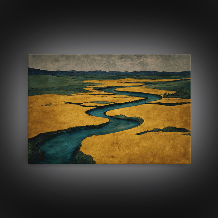 Winding River Through Golden Fields Framed Canvas Print, Landscape Art, Set of 3 Prints, Living Room Decor, Fine Art, Horizon, LAN-3x2-78