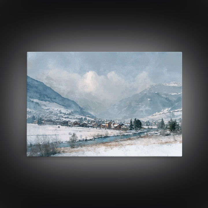 Snow Covered Alpine Village at Dusk Canvas Print, Landscape Art, Framed Wall Art, Living Room Decor, Oil Painting, Horizon, LAN-3x2-83