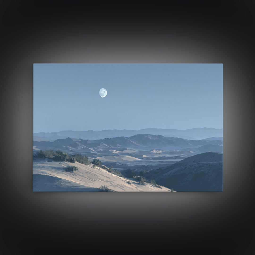 Desert Dunes under Pale Moon Framed Canvas Print, Landscape Art, Wall Decor, Living Room Decor, Fine Art, Horizon, LAN-3x2-87