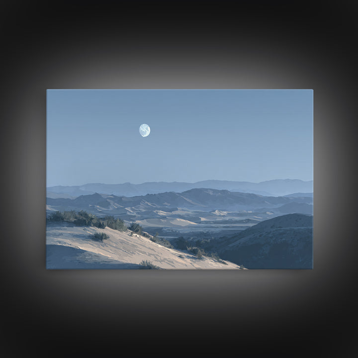 Desert Dunes under Pale Moon Framed Canvas Print, Landscape Art, Wall Decor, Living Room Decor, Fine Art, Horizon, LAN-3x2-87