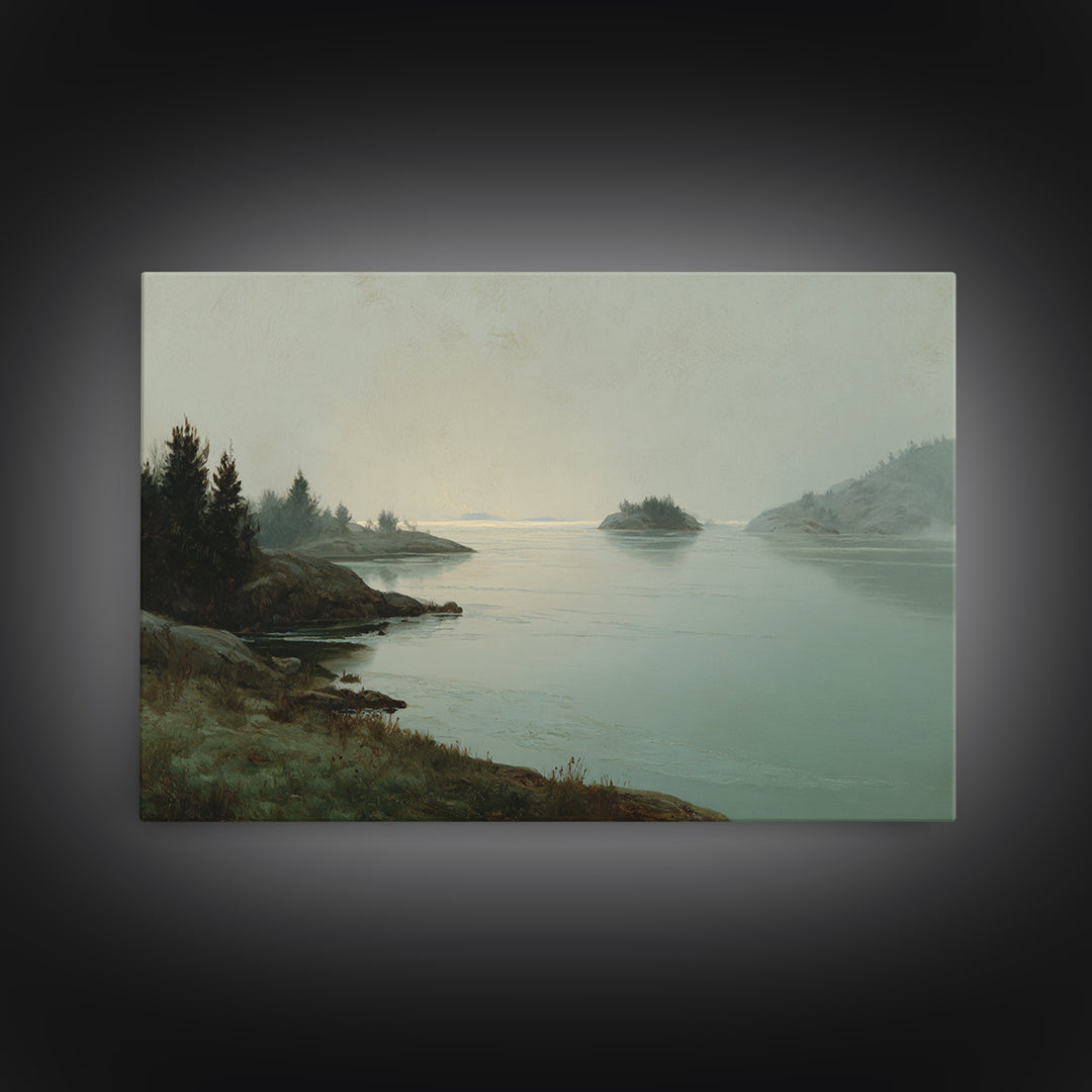 Fjord Landscape with Icy Blue Water Framed Canvas Print, Landscape Art, Digital Print, Living Room Decor, Fine Art, Horizon, LAN-3x2-91