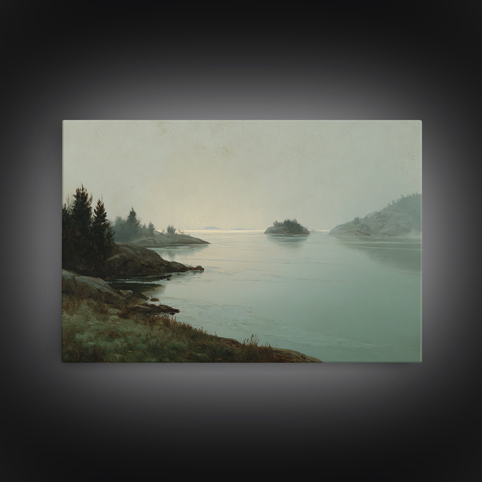 Fjord Landscape with Icy Blue Water Framed Canvas Print, Landscape Art, Digital Print, Living Room Decor, Fine Art, Horizon, LAN-3x2-91
