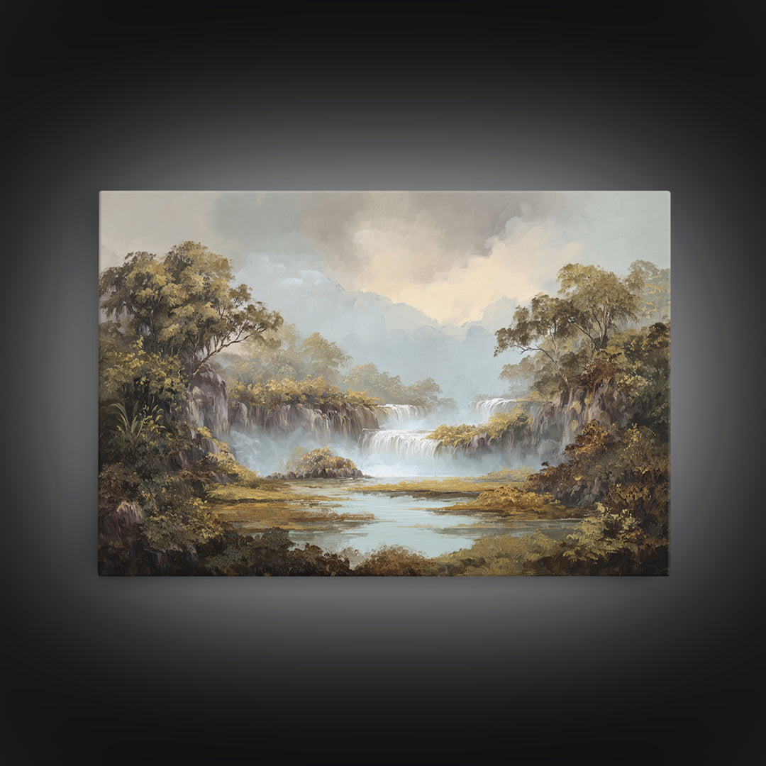 Tropical Jungle Waterfall Framed Canvas Print, Landscape Art, Digital Prints, Living Room Decor, Horizon, Farmhouse Decor, LAN-3x2-92